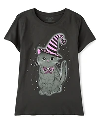 Girls Glow Halloween Cat Graphic Tee