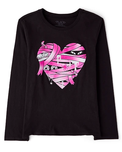 Girls Glow Halloween Mummy Heart Graphic Tee
