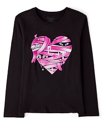 Girls Glow Halloween Mummy Heart Graphic Tee