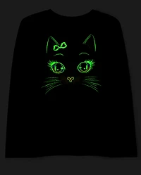 Girls Glow Halloween Cat Face Graphic Tee