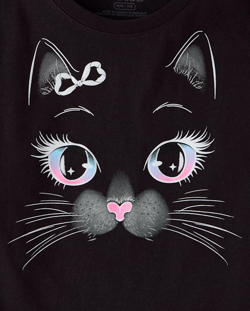 Girls Glow Halloween Cat Face Graphic Tee