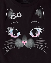 Girls Glow Halloween Cat Face Graphic Tee