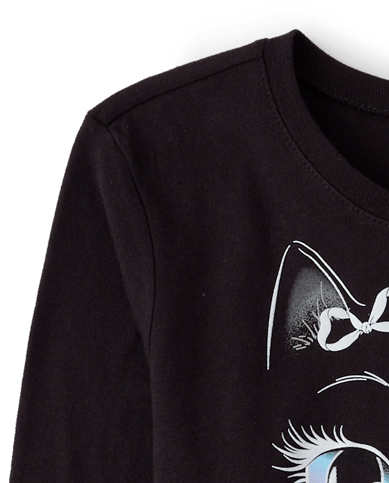 Girls Glow Halloween Cat Face Graphic Tee