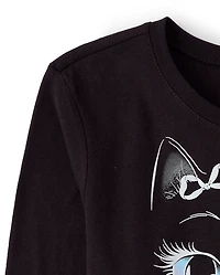 Girls Glow Halloween Cat Face Graphic Tee