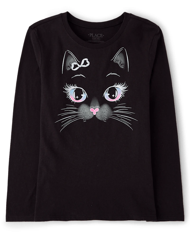 Girls Glow Halloween Cat Face Graphic Tee