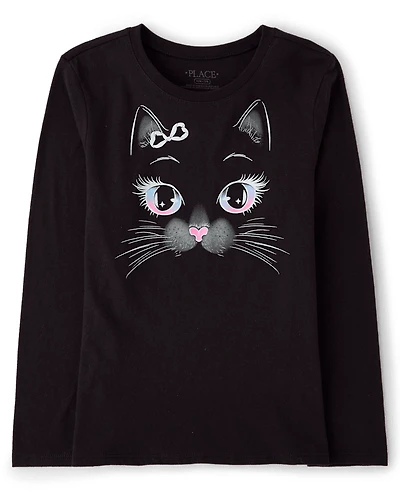 Girls Glow Halloween Cat Face Graphic Tee
