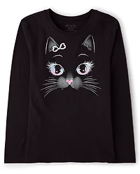 Girls Glow Halloween Cat Face Graphic Tee