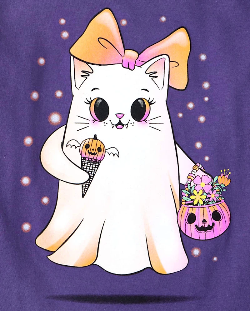 Girls Halloween Ghost Bow Graphic Tee