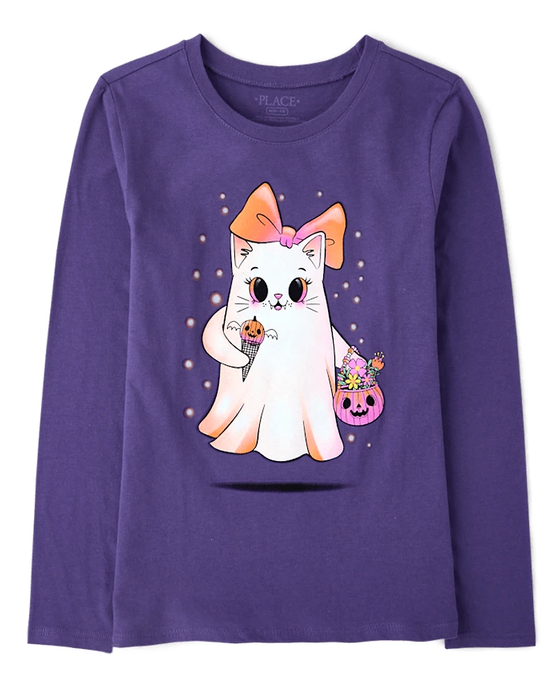 Girls Halloween Ghost Bow Graphic Tee