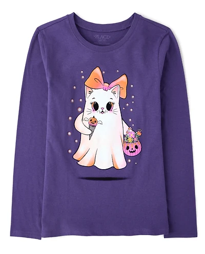 Girls Halloween Ghost Bow Graphic Tee