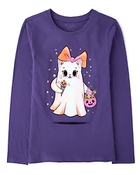 Girls Halloween Ghost Bow Graphic Tee