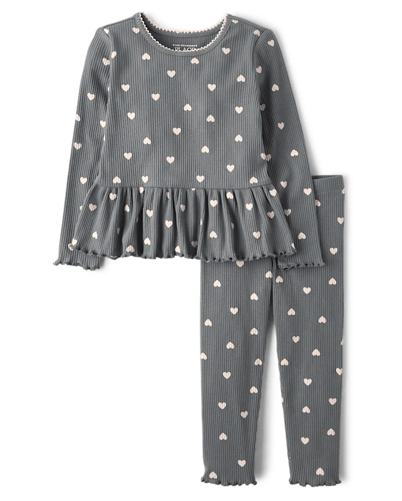 Ensemble 2 pièces côtelé à cœur pour petites filles