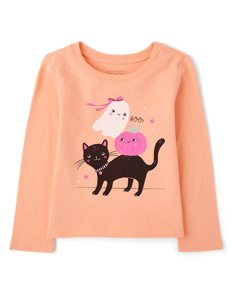 Baby And Toddler Girls Halloween Cat Ghost Graphic Tee