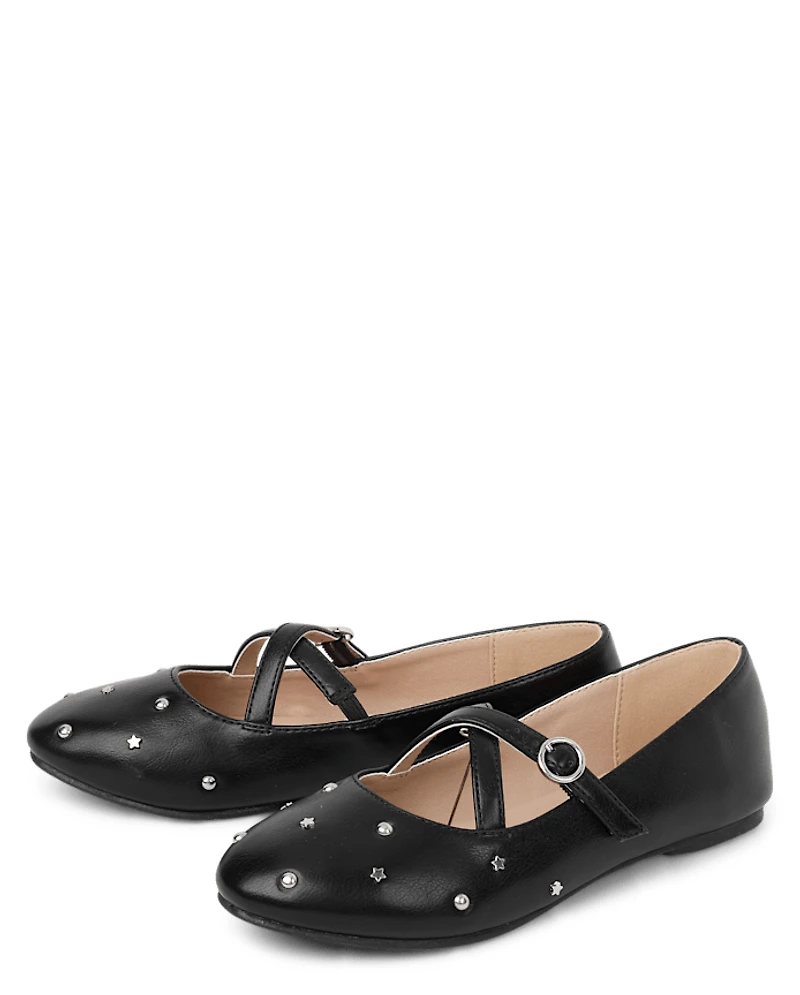 Girls Studded Cross Strap Ballet Flats