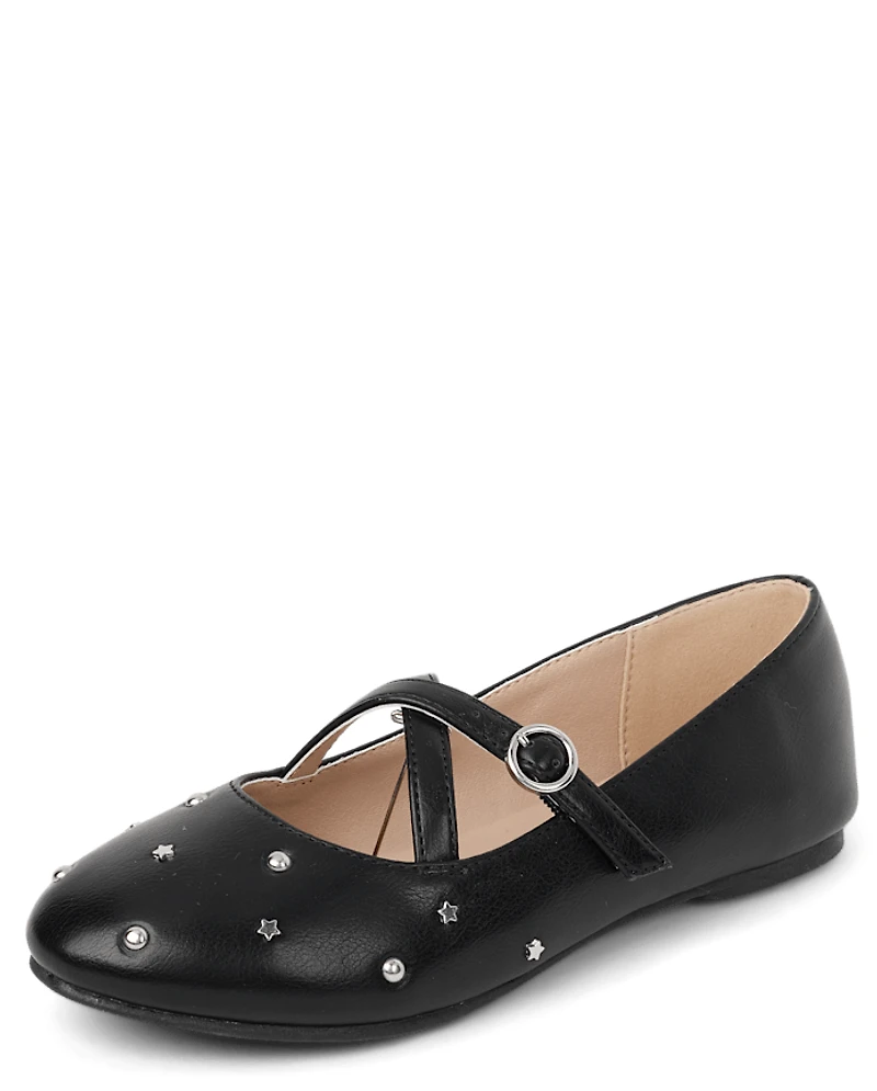Girls Studded Cross Strap Ballet Flats