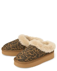 Girls Leopard Platform Teddy Slip Ons