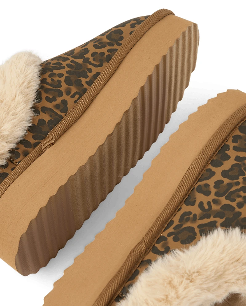 Girls Leopard Platform Teddy Slip Ons