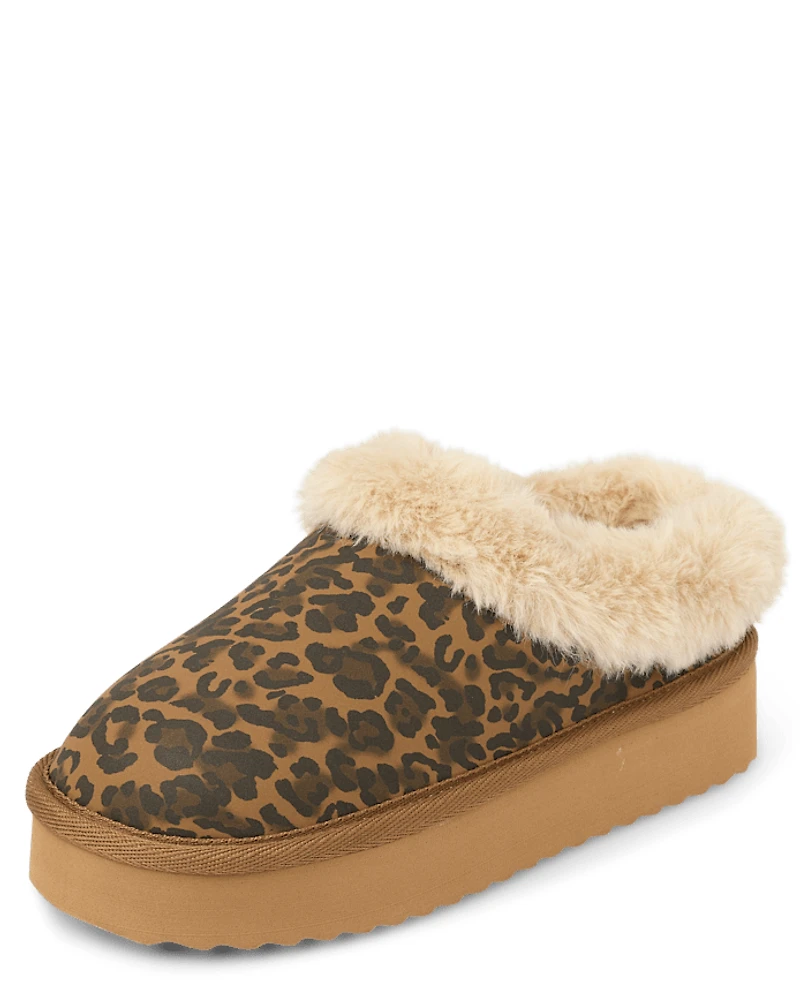 Girls Leopard Teddy Slip Ons