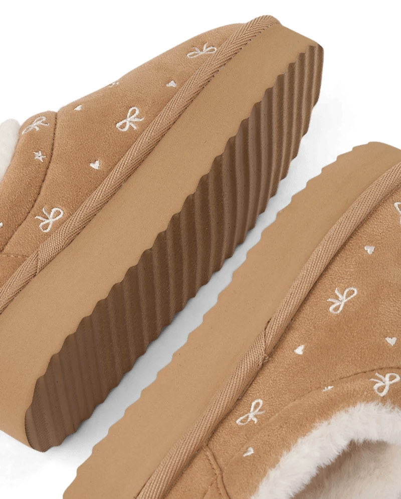 Girls Embroidered Bow Teddy Slip Ons