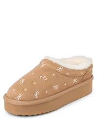 Girls Embroidered Bow Teddy Slip Ons