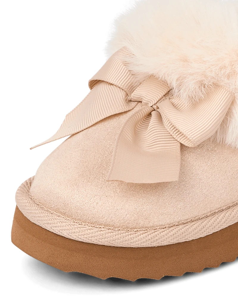 Toddler Girls Shimmer Bow Teddy Slip Ons