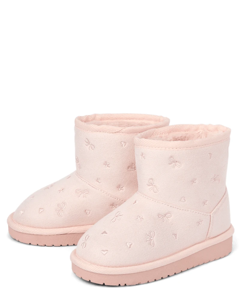 Toddler Girls Embroidered Bow Teddy Boots