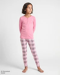 Girls Plaid Snug Fit Cotton Henley Pajamas