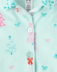 Girls Mommy And Me Christmas Tree Velour Button Front Pajamas