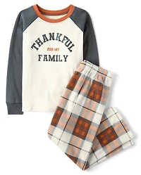 Kids Matching Family Thankful Cotton And Dream Fleece Pajamas
