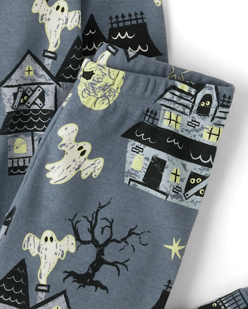 Pyjamas en coton ajustés pour enfants, assortis à la famille, motif maison hantée lumineuse