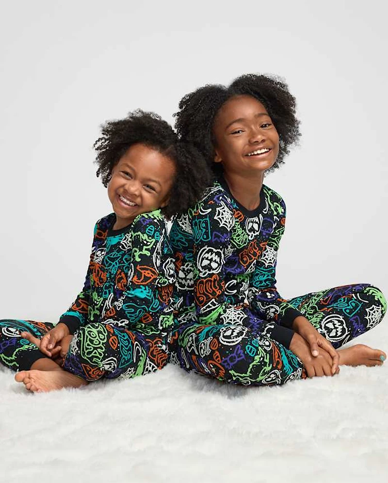 Kids Glow Halloween Graffiti Snug Fit Cotton Pajamas