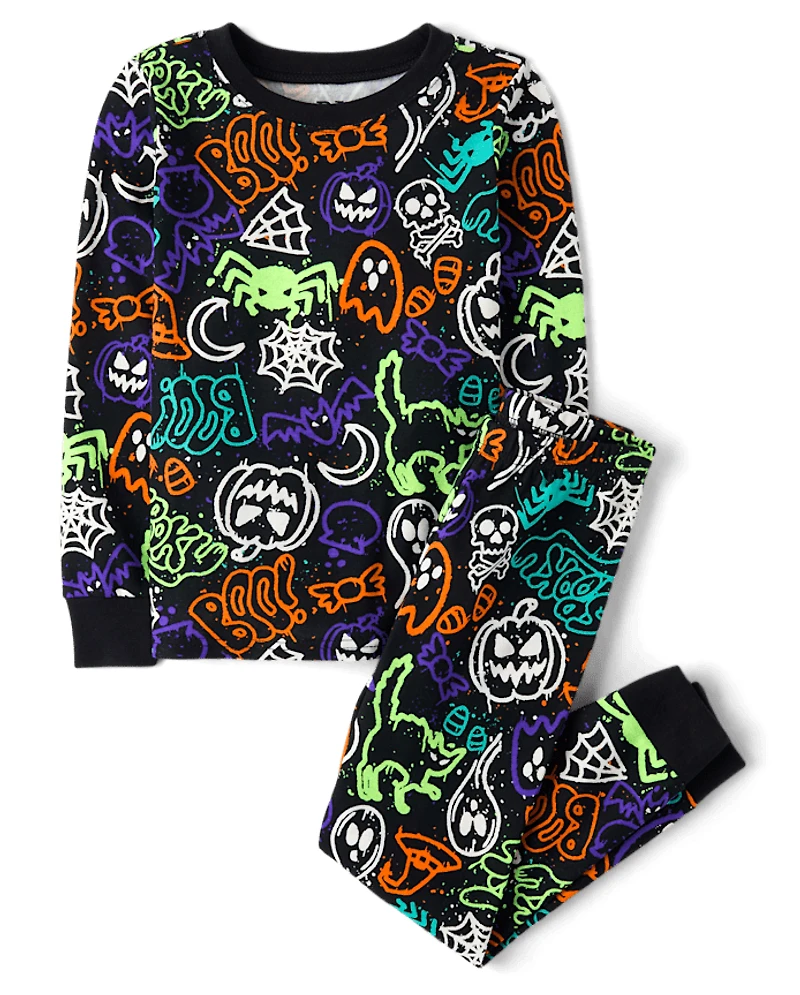 Kids Glow Halloween Graffiti Snug Fit Cotton Pajamas