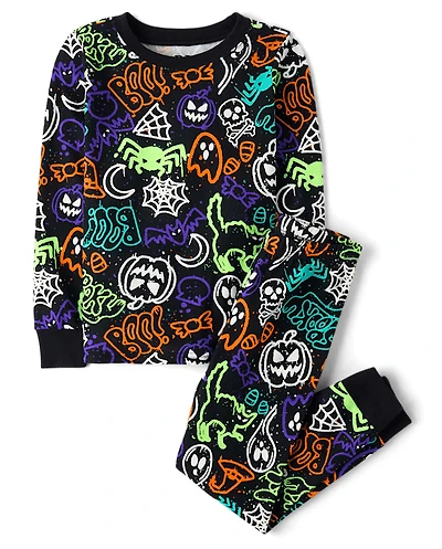 Kids Glow Halloween Graffiti Snug Fit Cotton Pajamas