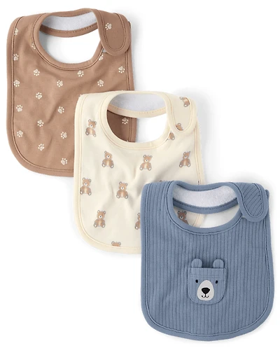 Baby Boys Embroidered Bear Bib 3-Pack