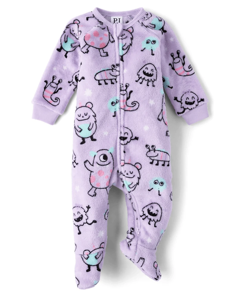 Pyjama une pièce monstre à pieds pour bébés et petites filles - Polaire douce