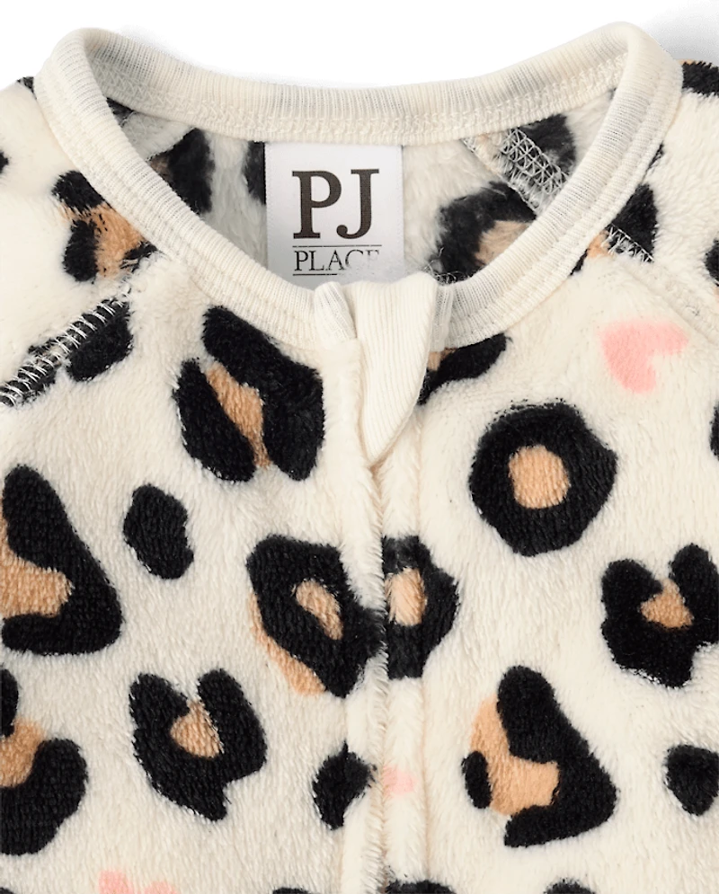 Baby And Toddler Girls Leopard Heart Footed One Piece Pajamas - Cozy Fleece