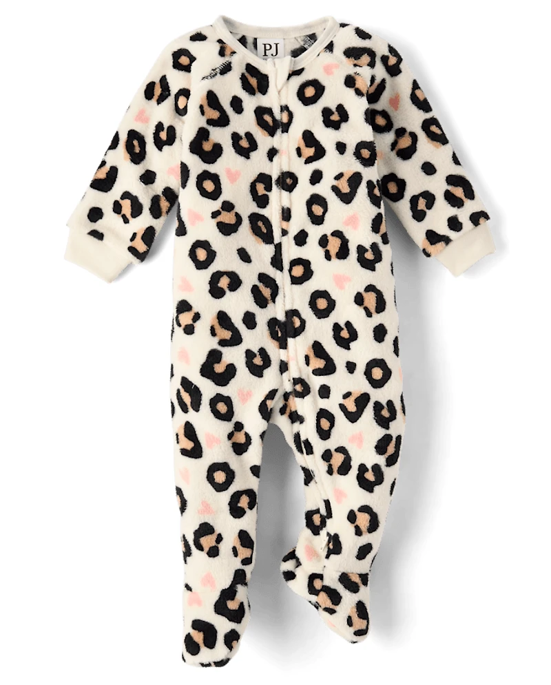 Baby And Toddler Girls Leopard Heart Footed One Piece Pajamas - Cozy Fleece
