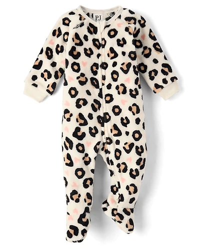 Baby And Toddler Girls Leopard Heart Footed One Piece Pajamas - Cozy Fleece