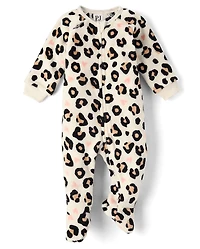 Baby And Toddler Girls Leopard Heart Footed One Piece Pajamas - Cozy Fleece