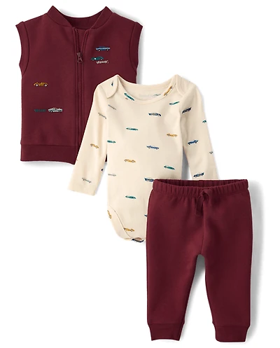 Baby Boys Embroidered Racecar Vest 3-Piece Playwear Set
