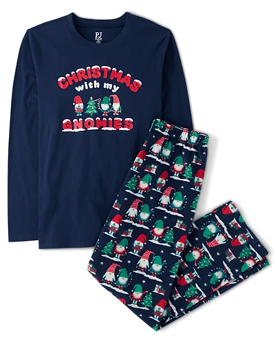 Pyjamas de Noël assortis pour adultes, en coton et polaire, avec des gnomes.