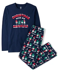 Pyjamas de Noël assortis pour adultes, en coton et polaire, avec des gnomes.