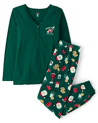 Womens Matching Family Santa Letter Cotton And Dream Fleece Henley Pajamas