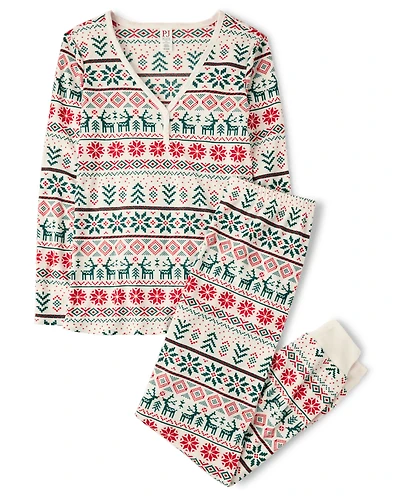 Womens Matching Family Christmas Fairisle Thermal Henley Pajamas