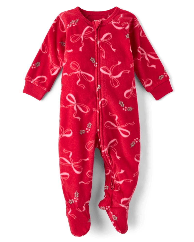 Baby And Toddler Girls Mommy Me Christmas Bows Dream Fleece Footed One Piece Pajamas