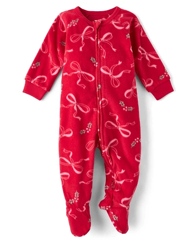 Baby And Toddler Girls Mommy Me Christmas Bows Dream Fleece Footed One Piece Pajamas