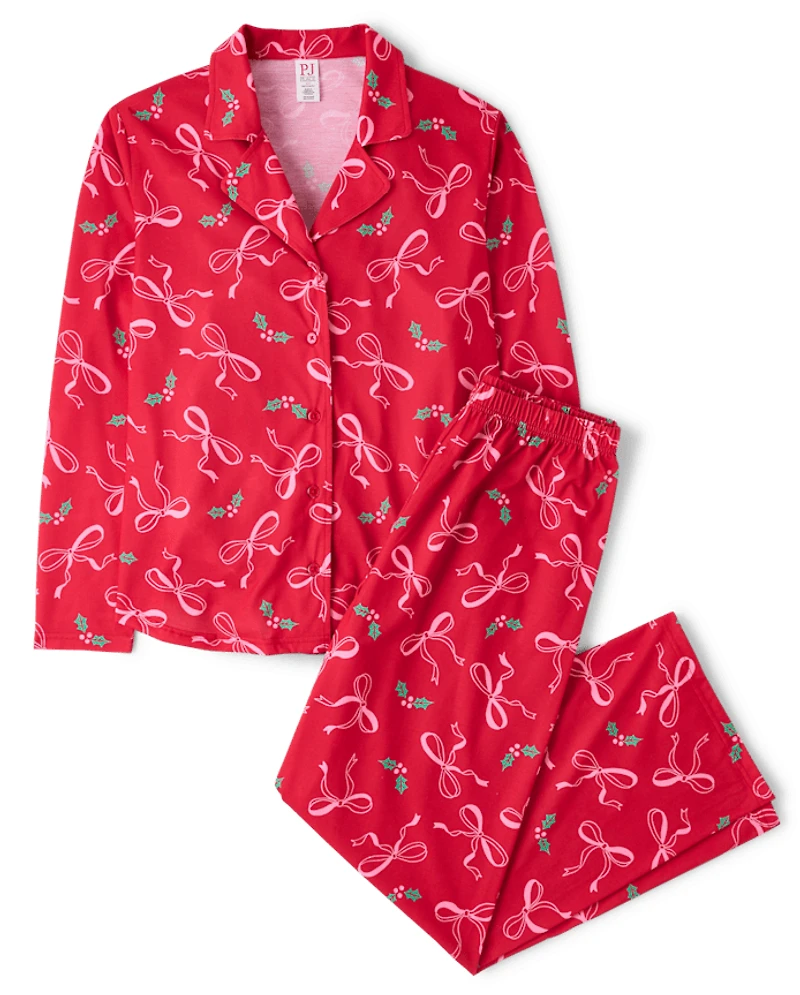 Womens Mommy And Me Christmas Bow Button Front Pajamas