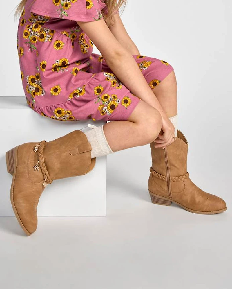 Girls Braided Charm Cowgirl Boots