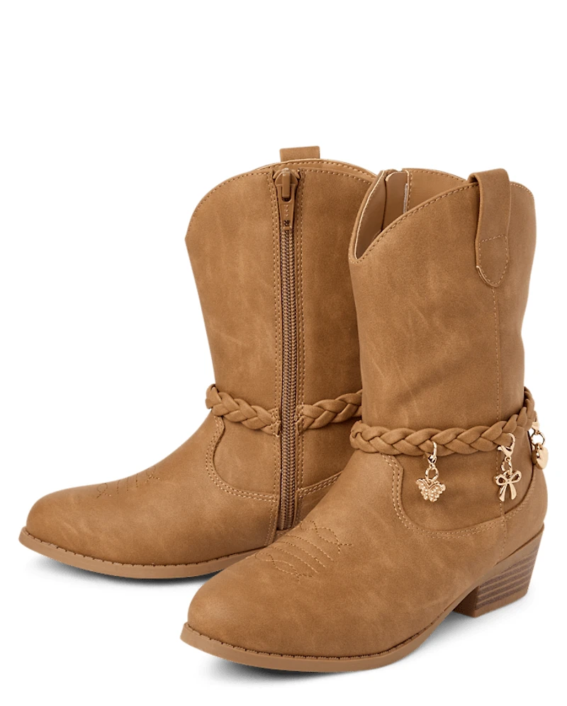 Girls Braided Charm Cowgirl Boots