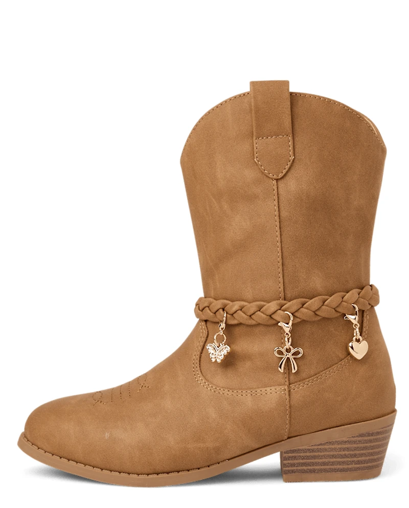 Girls Braided Charm Cowgirl Boots